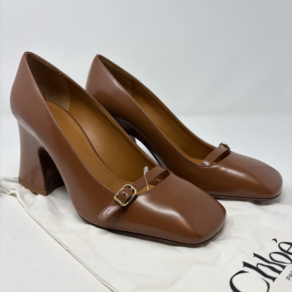 Chloé Janis Pumps Brown‎ Leather Mary Jane Block Heel 75mm Size 7.5 38.5